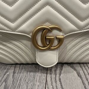 Gucci Cream Quilted GG Marmont Shoulder Bag with Gold Hardware